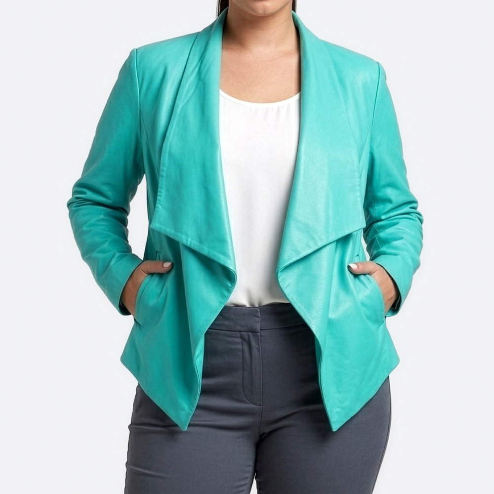 Cache 100% Leather Turquoise Waterfall Jacket Open Blazer Designer Style Large L